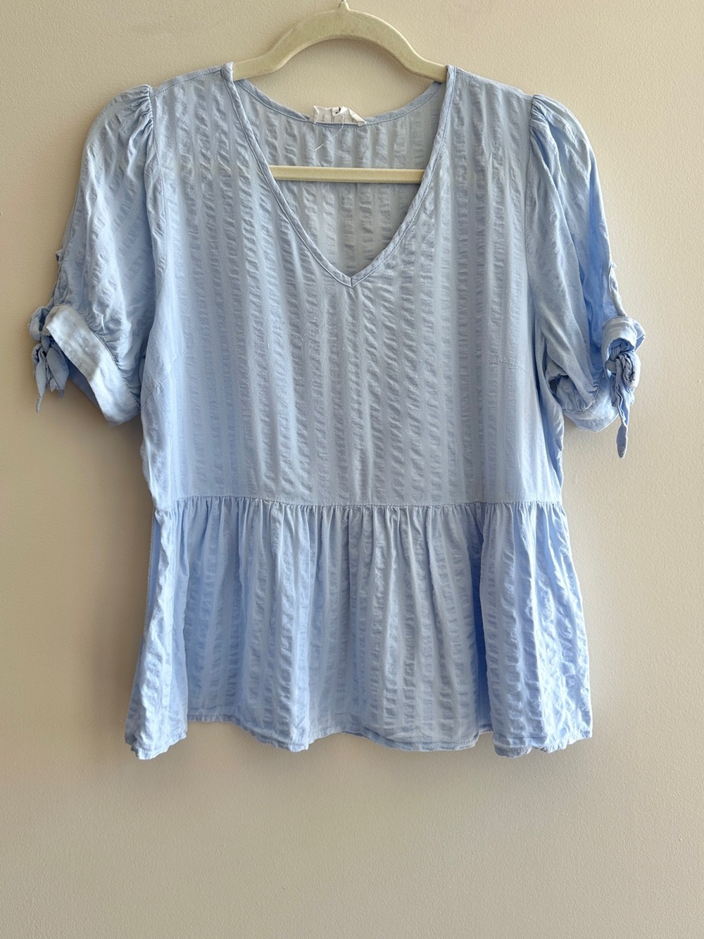 THML Pale Blue Peplum V-Neck Blouse with Ribbon Tie Sleeves, Size Small